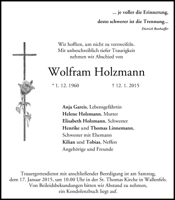 Anzeige von Wolfram Holzmann von MGO
