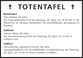 Anzeige von Totentafel vom 27.04.2015 von MGO