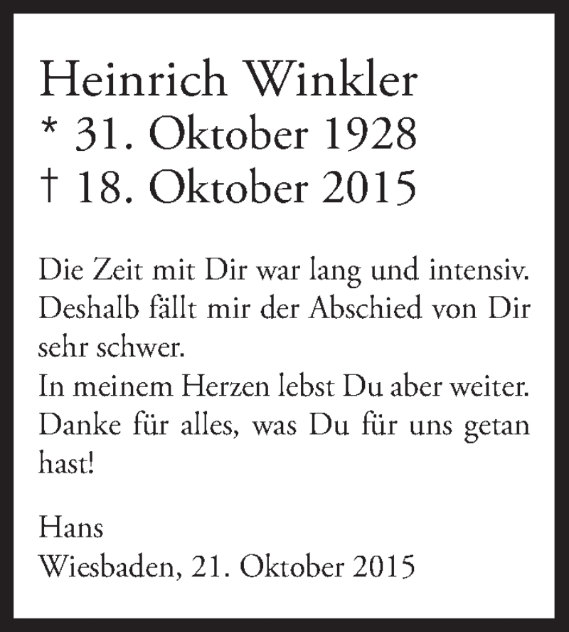  Traueranzeige für Heinrich Winkler vom 21.10.2015 aus MGO