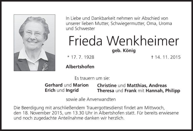  Traueranzeige für Frieda Wenkheimer vom 16.11.2015 aus MGO