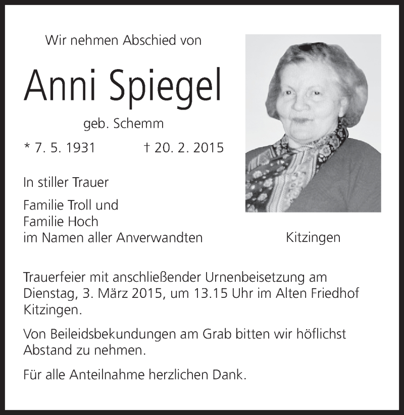  Traueranzeige für Anni Spiegel vom 28.02.2015 aus MGO