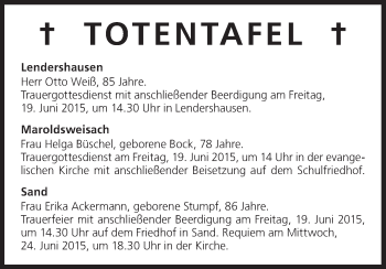 Anzeige von Totentafel vom 19.06.2015 von MGO