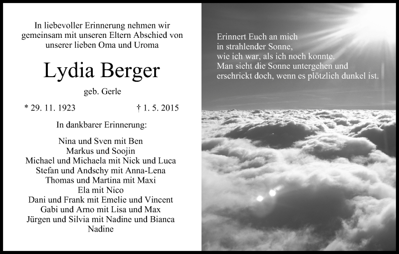  Traueranzeige für Lydia Berger vom 06.05.2015 aus MGO