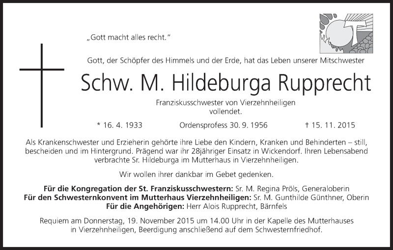  Traueranzeige für Hildeburga Rupprecht vom 17.11.2015 aus MGO