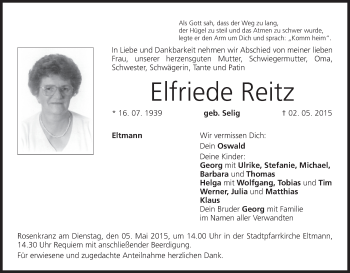 Anzeige von Elfriede Reitz von MGO