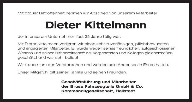  Traueranzeige für Dieter Kittelmann vom 04.09.2015 aus MGO
