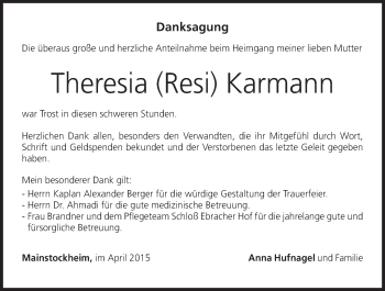 Anzeige von Theresia Karmann von MGO