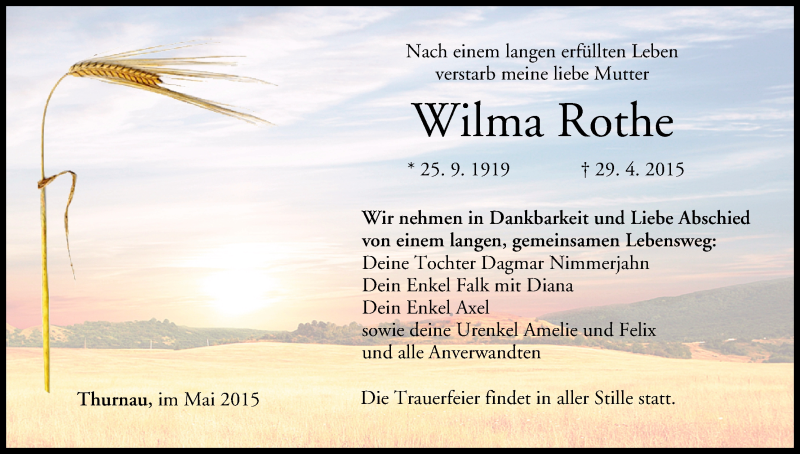  Traueranzeige für Wilma Rothe vom 06.05.2015 aus MGO