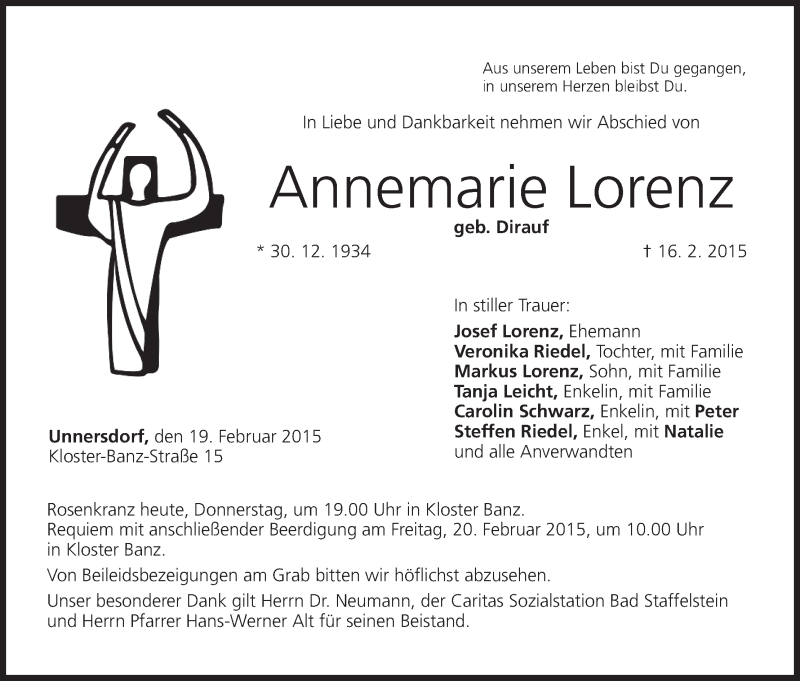  Traueranzeige für Annemarie Lorenz vom 19.02.2015 aus MGO