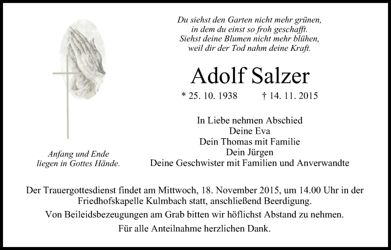  Traueranzeige für Adolf Salzer vom 17.11.2015 aus MGO