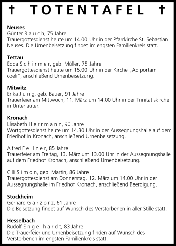 Anzeige von Totentafel vom 10.03.2015 von MGO