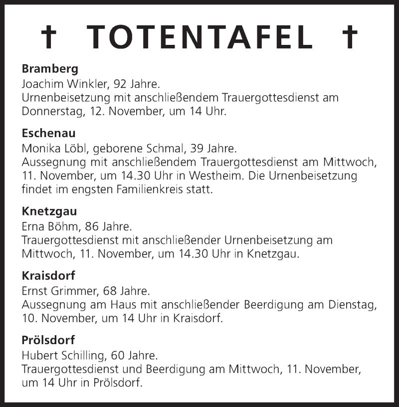  Traueranzeige für Totentafel vom 10.11.2015 vom 10.11.2015 aus MGO