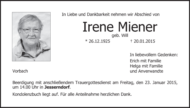  Traueranzeige für Irene Miener vom 22.01.2015 aus MGO