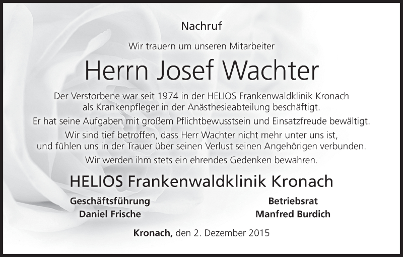  Traueranzeige für Josef Wachter vom 03.12.2015 aus MGO