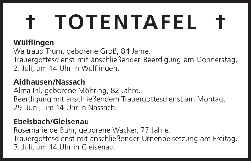  Traueranzeige für Totentafel vom 29.06.2015 vom 29.06.2015 aus MGO