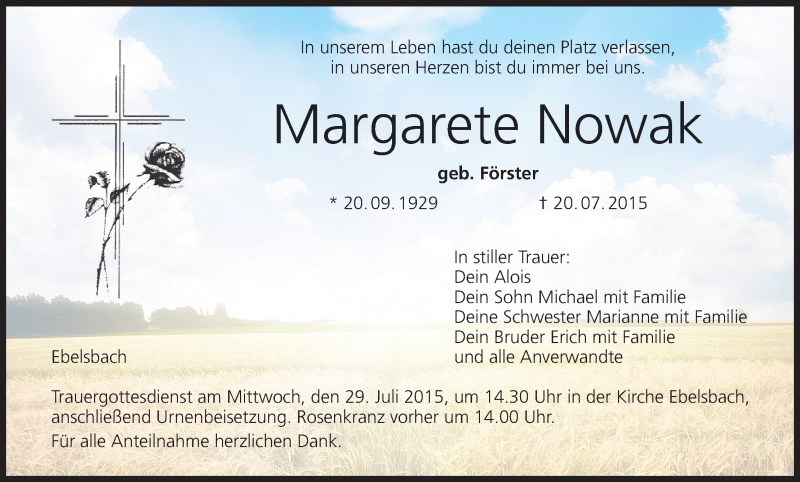  Traueranzeige für Margarete Nowak vom 25.07.2015 aus MGO