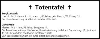 Anzeige von Totentafel vom 17.06.2015 von MGO