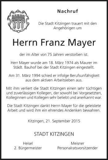 Anzeige von Franz Mayer von MGO