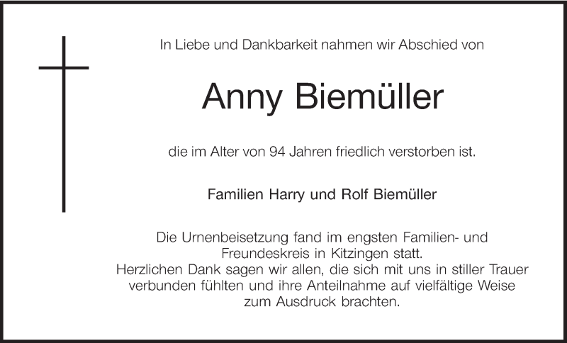  Traueranzeige für Anny Biemüller vom 07.02.2015 aus MGO