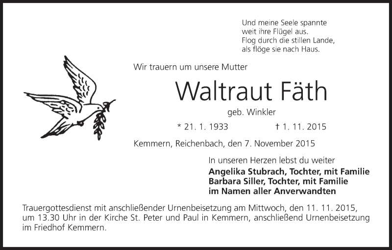  Traueranzeige für Waltraut Fäth vom 07.11.2015 aus MGO
