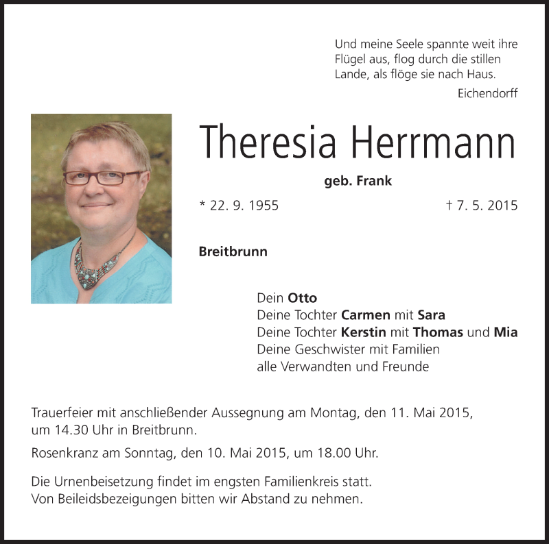  Traueranzeige für Theresia Herrmann vom 09.05.2015 aus MGO