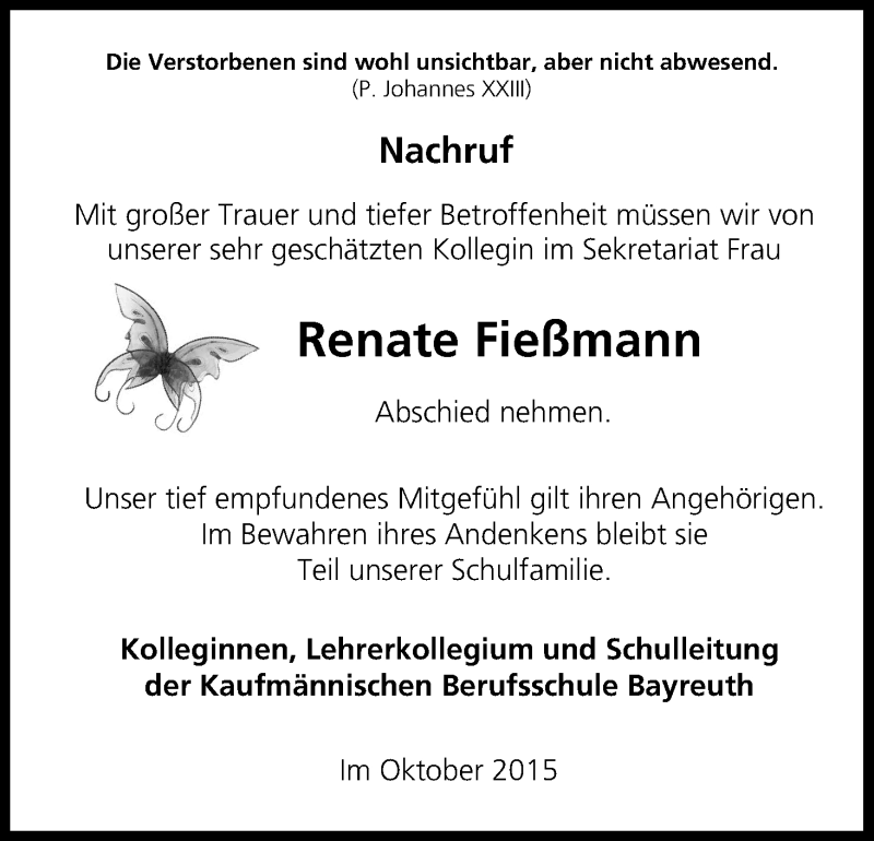  Traueranzeige für Renate Fießmann vom 27.10.2015 aus MGO