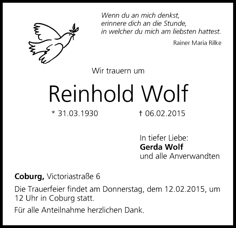  Traueranzeige für Reinhold Wolf vom 10.02.2015 aus MGO