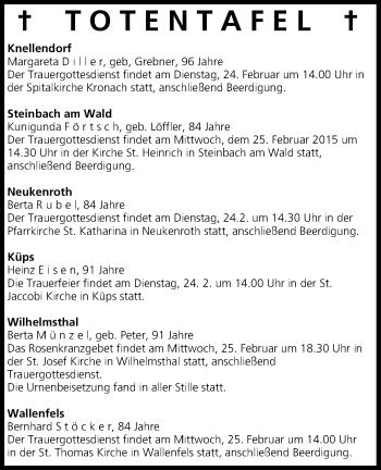 Anzeige von Totentafel vom 24.02.2015 von MGO