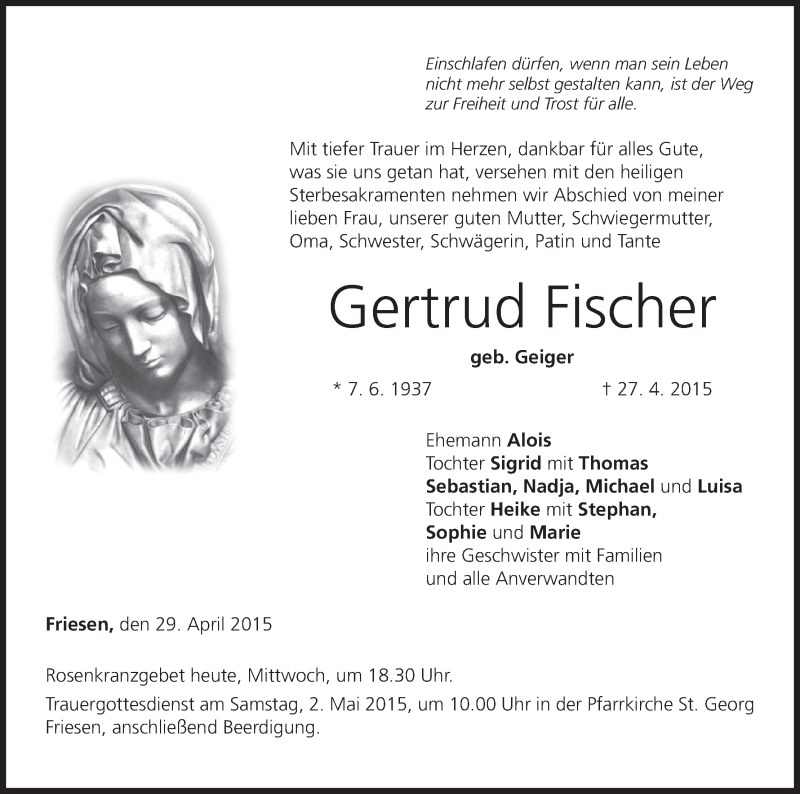  Traueranzeige für Gertrud Fischer vom 29.04.2015 aus MGO