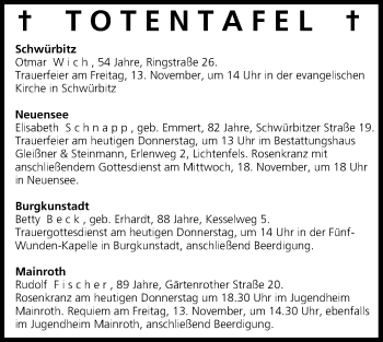 Anzeige von Totentafel vom 12.11.2015 von MGO