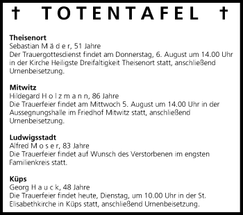 Anzeige von Totentafel vom 04.08.2015 von MGO