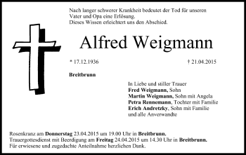 Anzeige von Alfred Weigmann von MGO