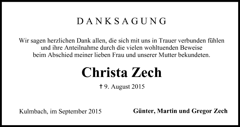  Traueranzeige für Christa Zech vom 05.09.2015 aus MGO