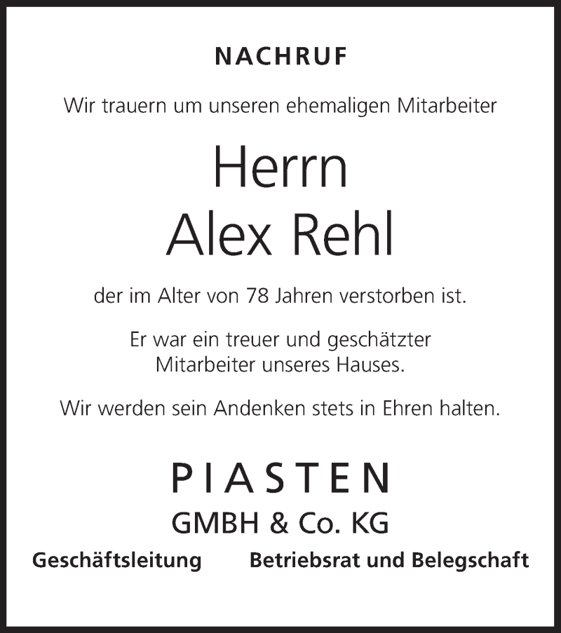  Traueranzeige für Alex Rehl vom 16.03.2015 aus MGO