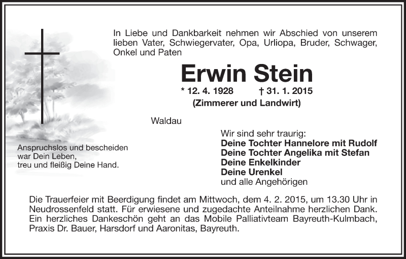  Traueranzeige für Erwin Stein vom 03.02.2015 aus MGO