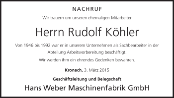 Anzeige von Rudolf Köhler von MGO