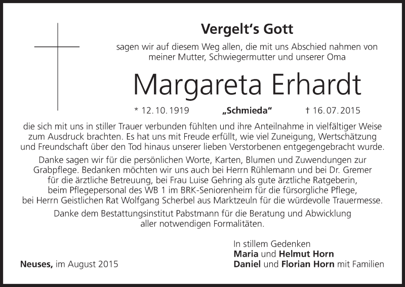  Traueranzeige für Margareta Erhardt vom 01.08.2015 aus MGO