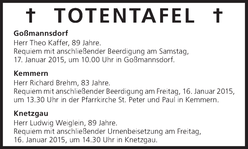  Traueranzeige für Totentafel vom 15.01.2015 vom 15.01.2015 aus MGO