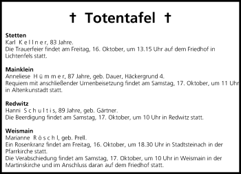 Anzeige von Totentafel vom 16.10.2015 von MGO