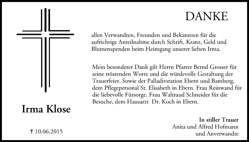  Traueranzeige für Irma Klose vom 04.07.2015 aus MGO