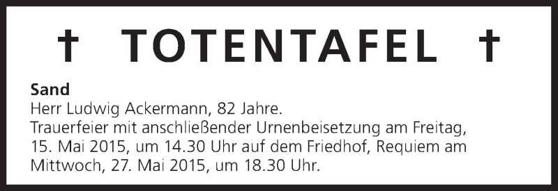  Traueranzeige für Ludwig Ackermann vom 14.05.2015 aus MGO