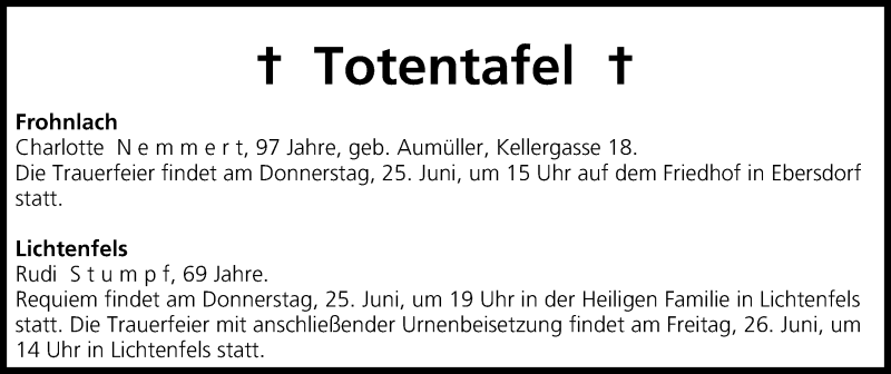  Traueranzeige für Totentafel vom 24.06.2015 vom 24.06.2015 aus MGO