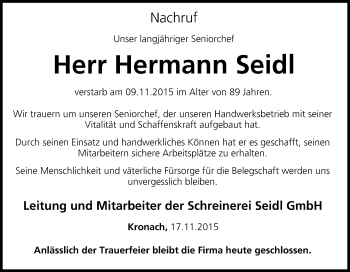 Anzeige von Hermann Seidl von MGO