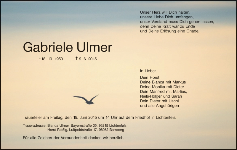  Traueranzeige für Gabriele Ulmer vom 15.06.2015 aus MGO
