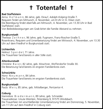 Anzeige von Totentafel vom 03.11.2015 von MGO
