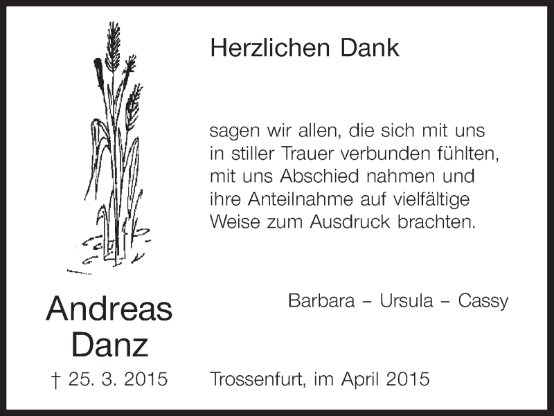  Traueranzeige für Andreas Danz vom 11.04.2015 aus MGO