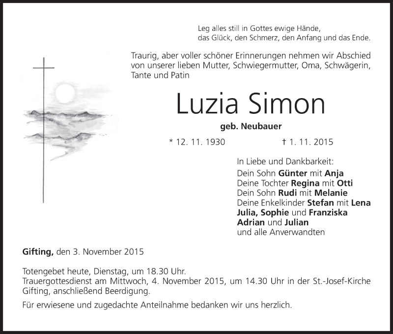  Traueranzeige für Luzia Simon vom 03.11.2015 aus MGO