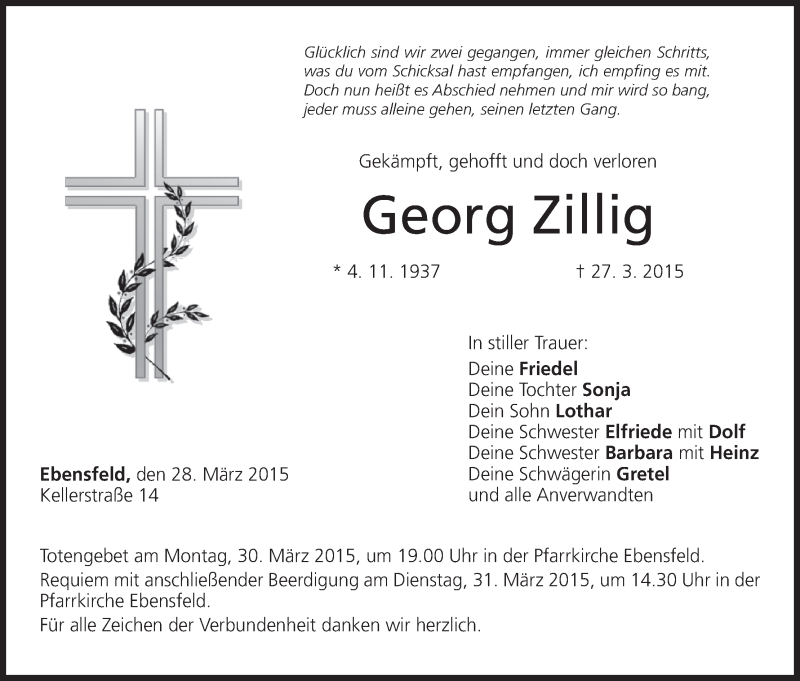  Traueranzeige für Georg Zillig vom 28.03.2015 aus MGO