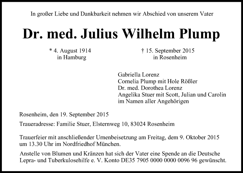  Traueranzeige für Julius Wilhelm Plump vom 19.09.2015 aus MGO