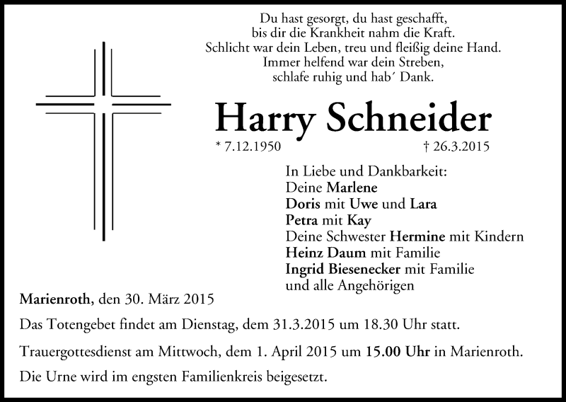  Traueranzeige für Harry Schneider vom 30.03.2015 aus MGO